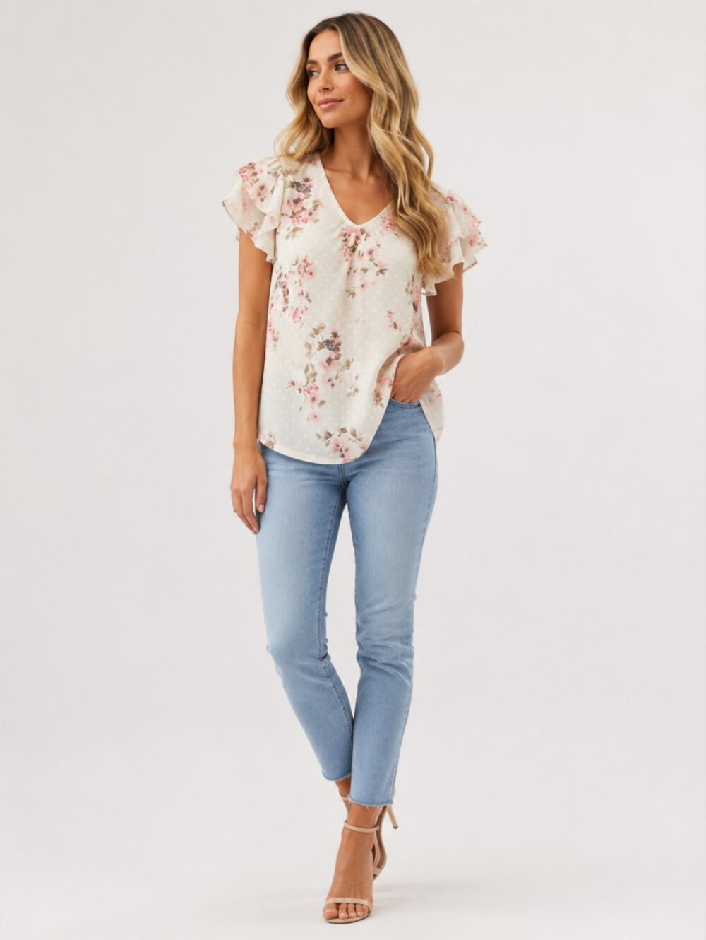 Mikarose Floral Flutter Sleeve Blouse, Ivory Pink Floral Polka Dot Top, Size Med